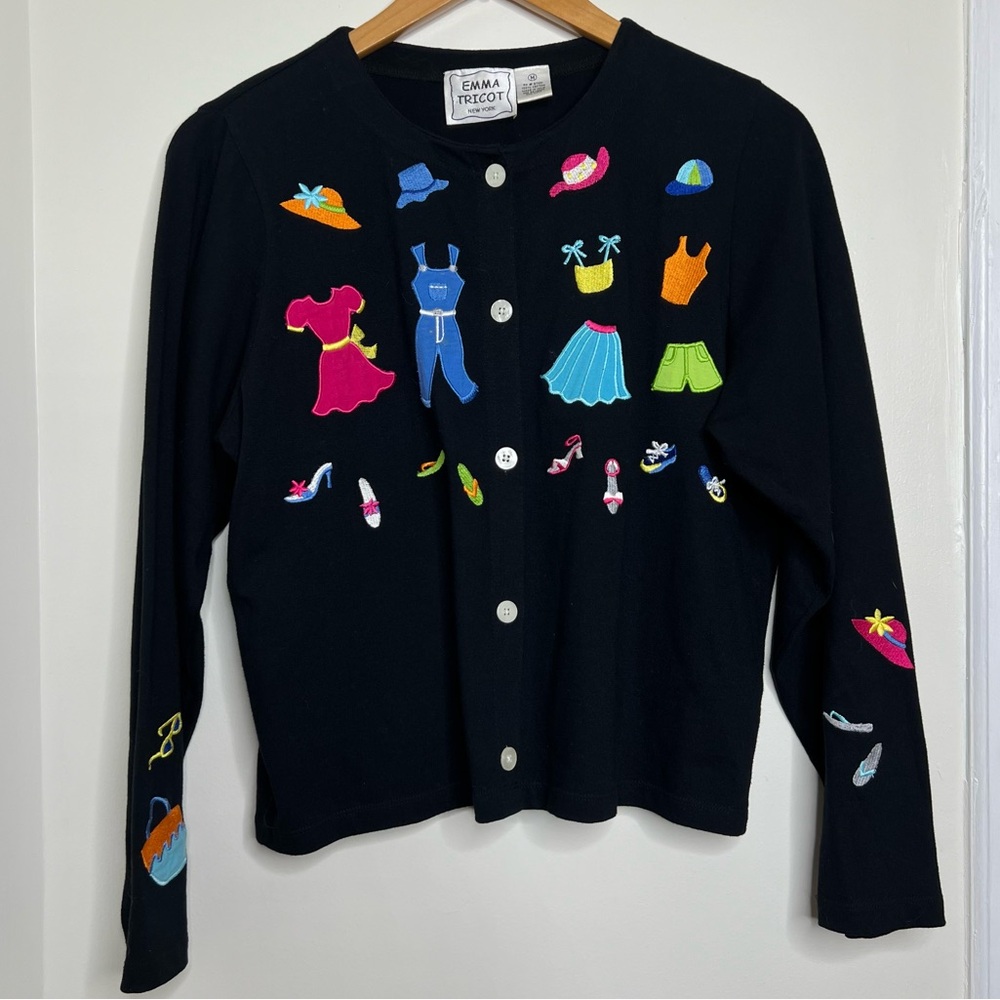 Emma Tricot Black Cardigan Sweater Colorful Clothes Embroidery Women’s Medium